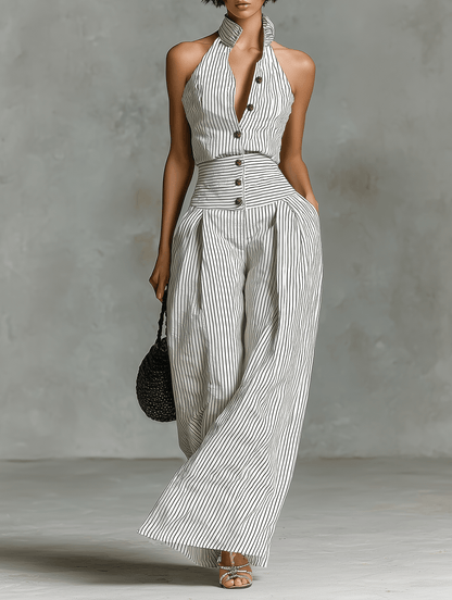 Women's Striped Halter-Neck Wide-Leg Linen Blend Jumpsuit