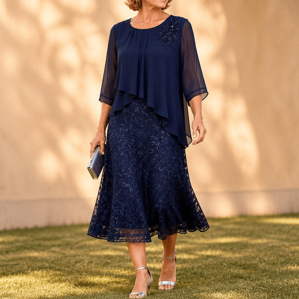 Elavine Layered Chiffon Lace Overlay Women's Midi Dress with Sheer Sleeves