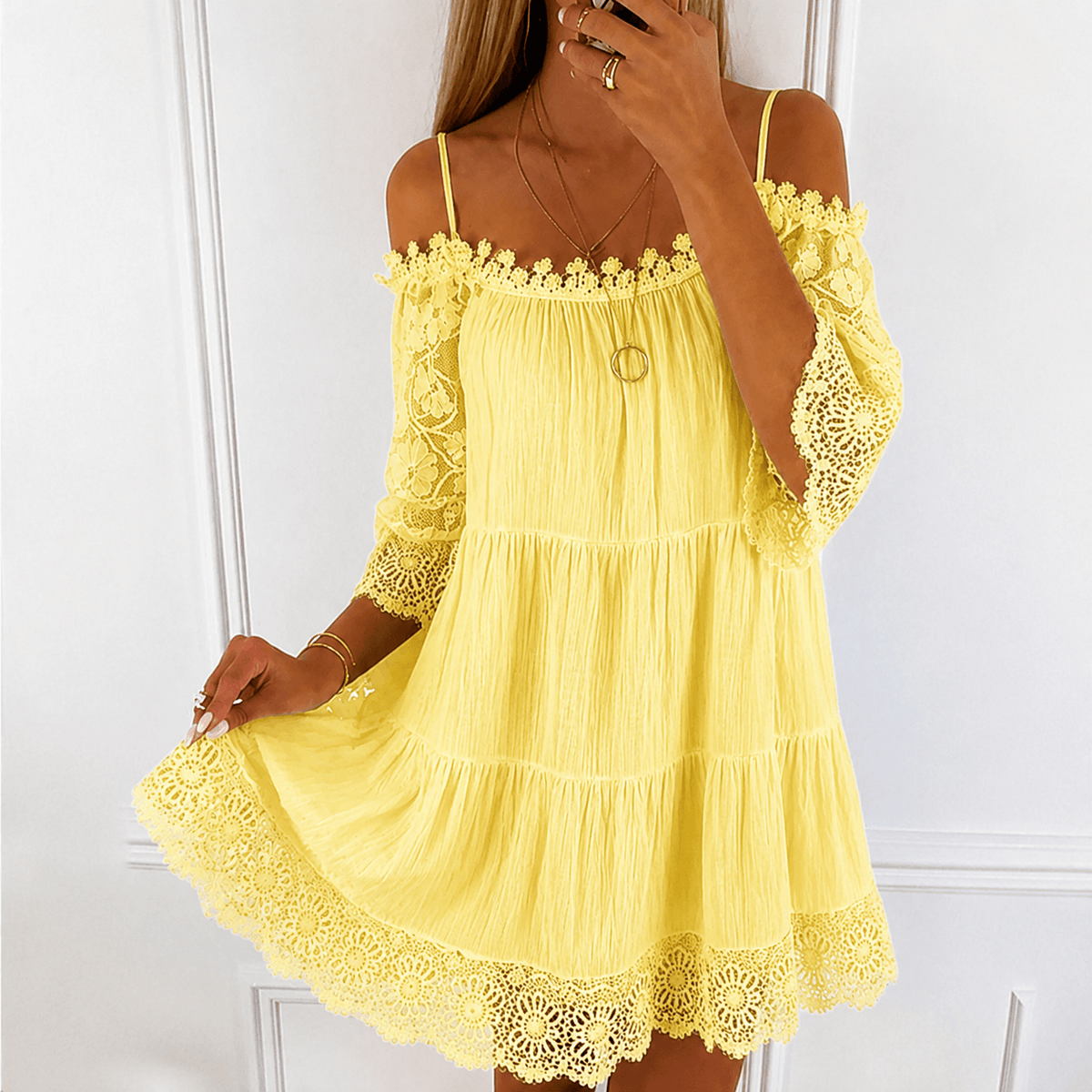 Esme Cold Shoulder Tiered Lace Trim Summer Mini Dress with Spaghetti Straps for Women