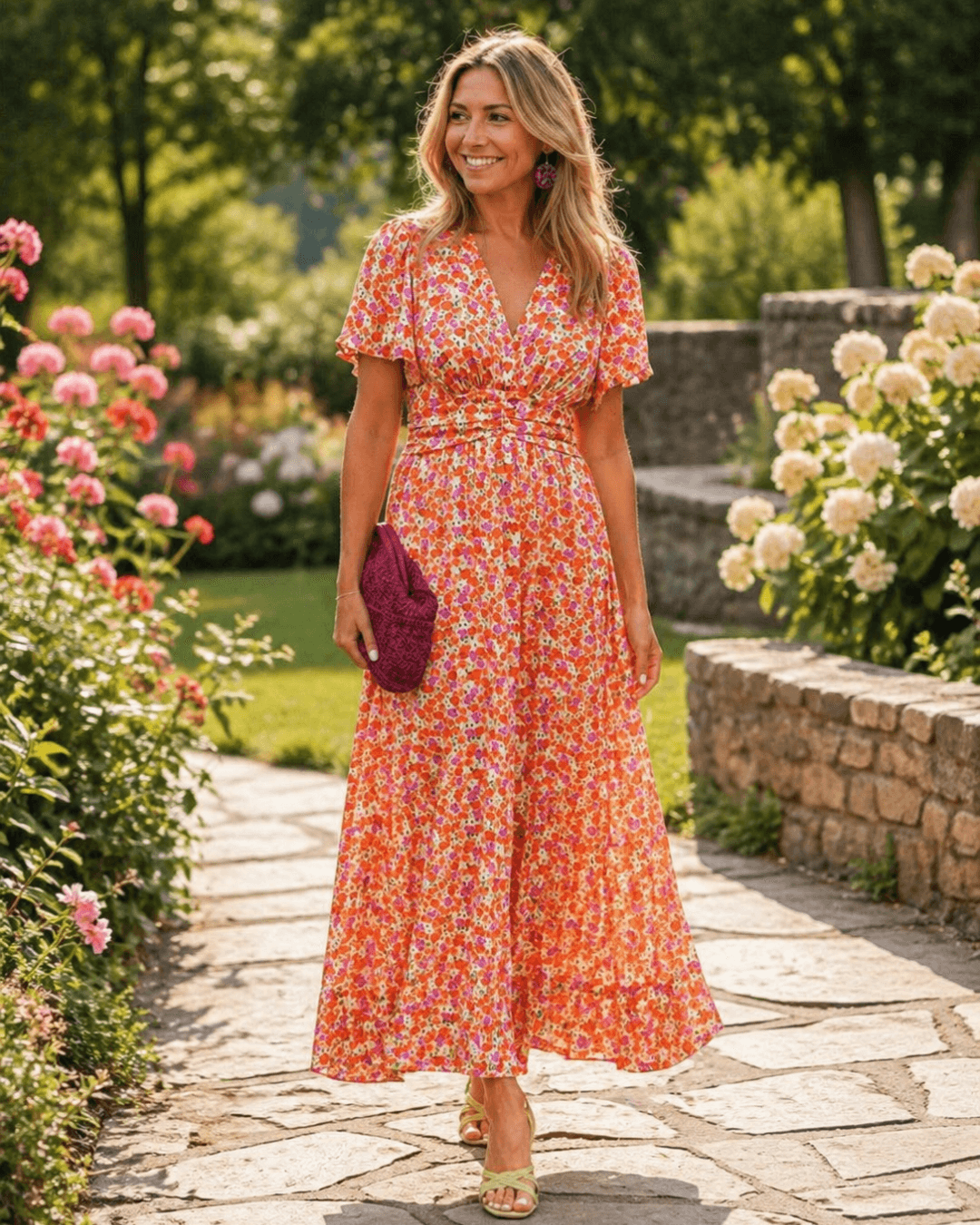 Floral Wrap-Style Women's Summer Midi Dress with Flutter Sleeves