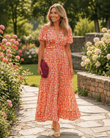 Floral Wrap-Style Women's Summer Midi Dress with Flutter Sleeves