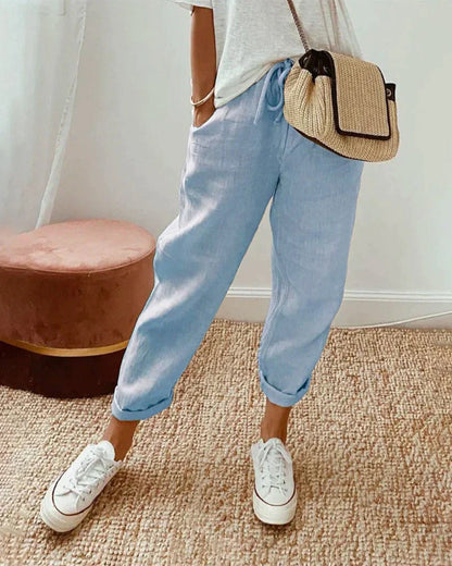 Women's Relaxed Linen Trousers with Elastic Drawstring Waist