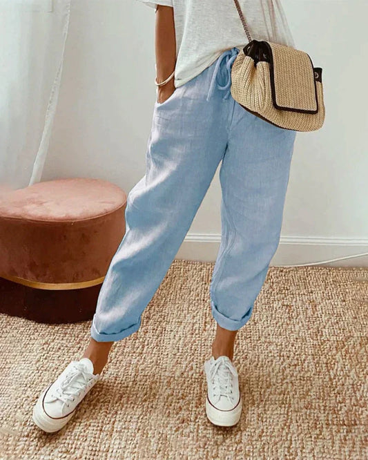 Women's Relaxed Linen Trousers with Elastic Drawstring Waist
