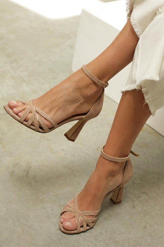 Elviera Comfortable Brown Strappy Peep-Toe Sandals with Flared Heel and Ankle Buckle