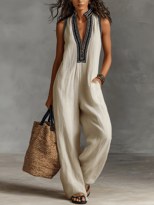 Women's Embroidered Stand Collar Sleeveless Linen Jumpsuit
