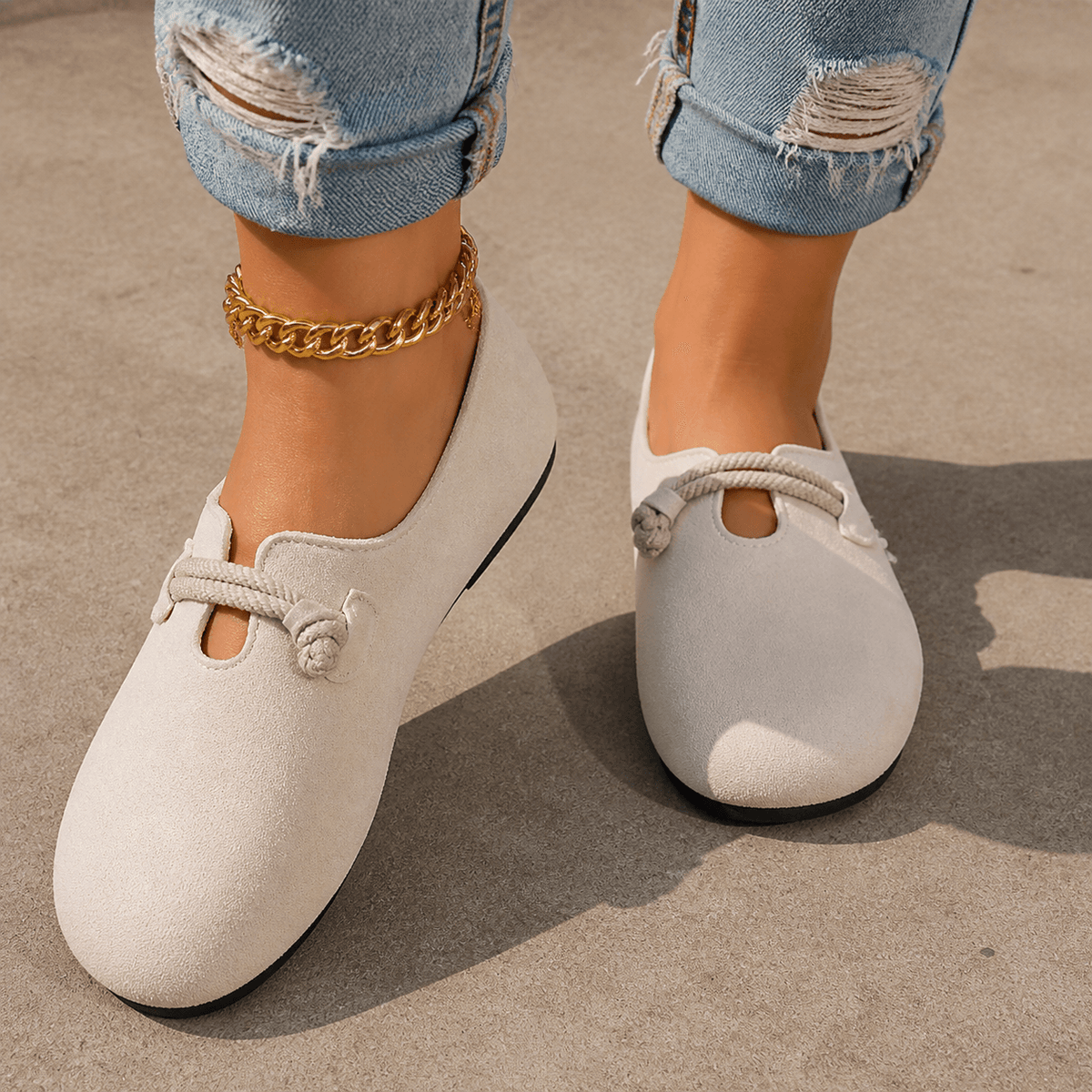 Sollea Suede Slip-On Flats with Cushioned Sole and Rope Bow