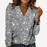 Women's Sequin Embellished V-Neck Top with Long Sleeves