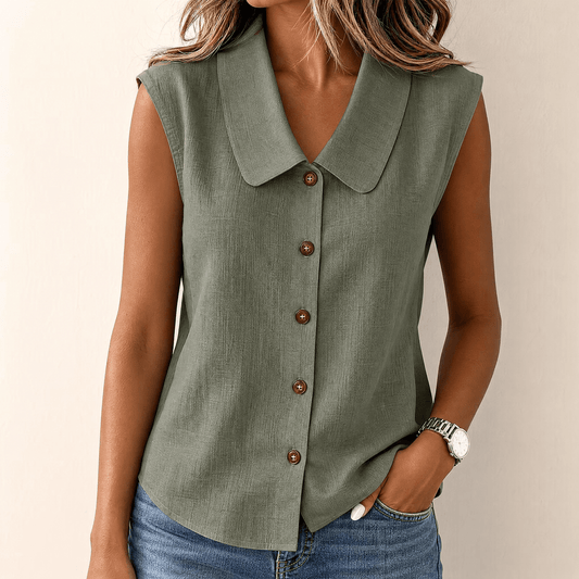Women's Collared Sleeveless Button-Up Blouse with V-Neck
