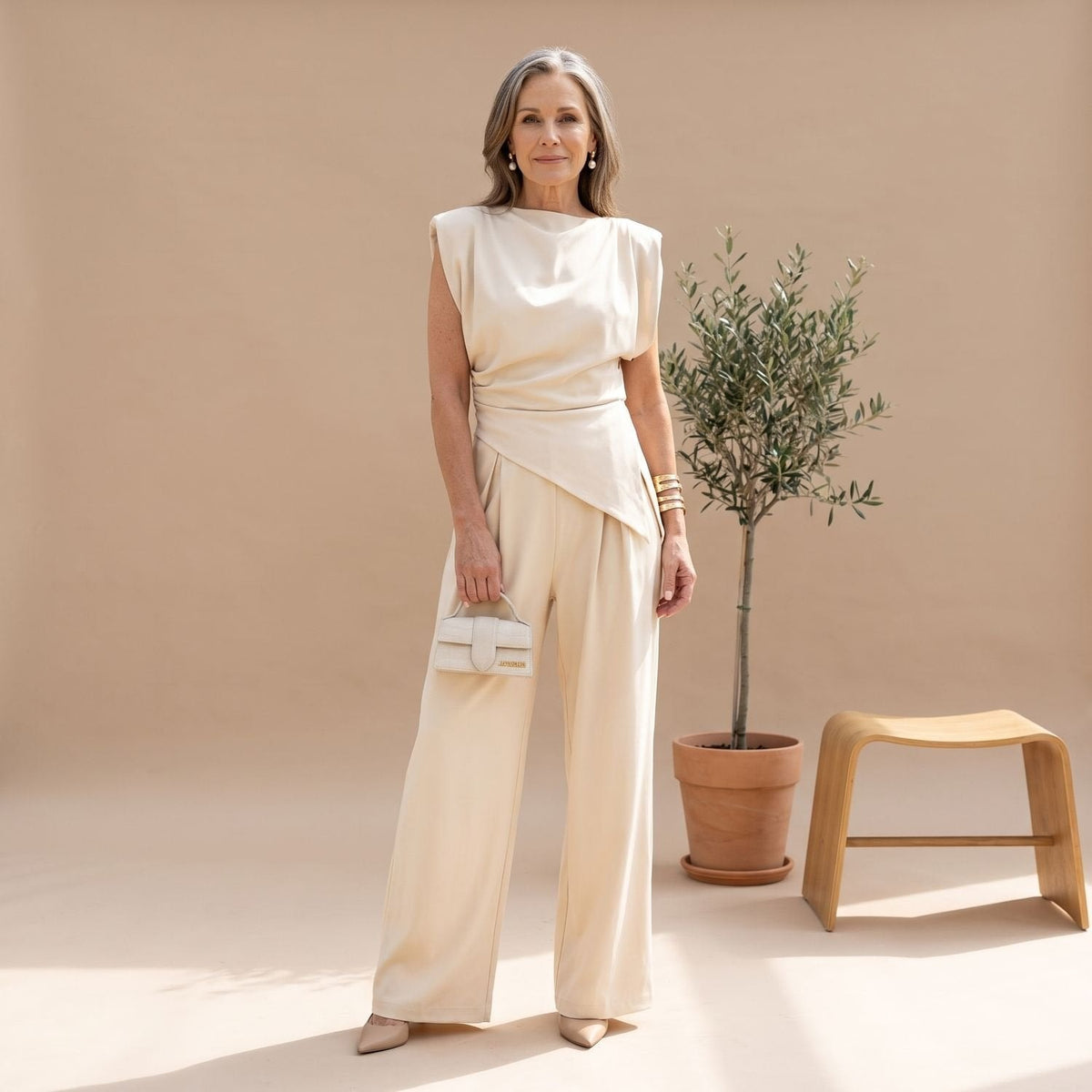 Women's Matching Two-Piece Set with Draped Cowl Neck Top and Wide-Leg Pants