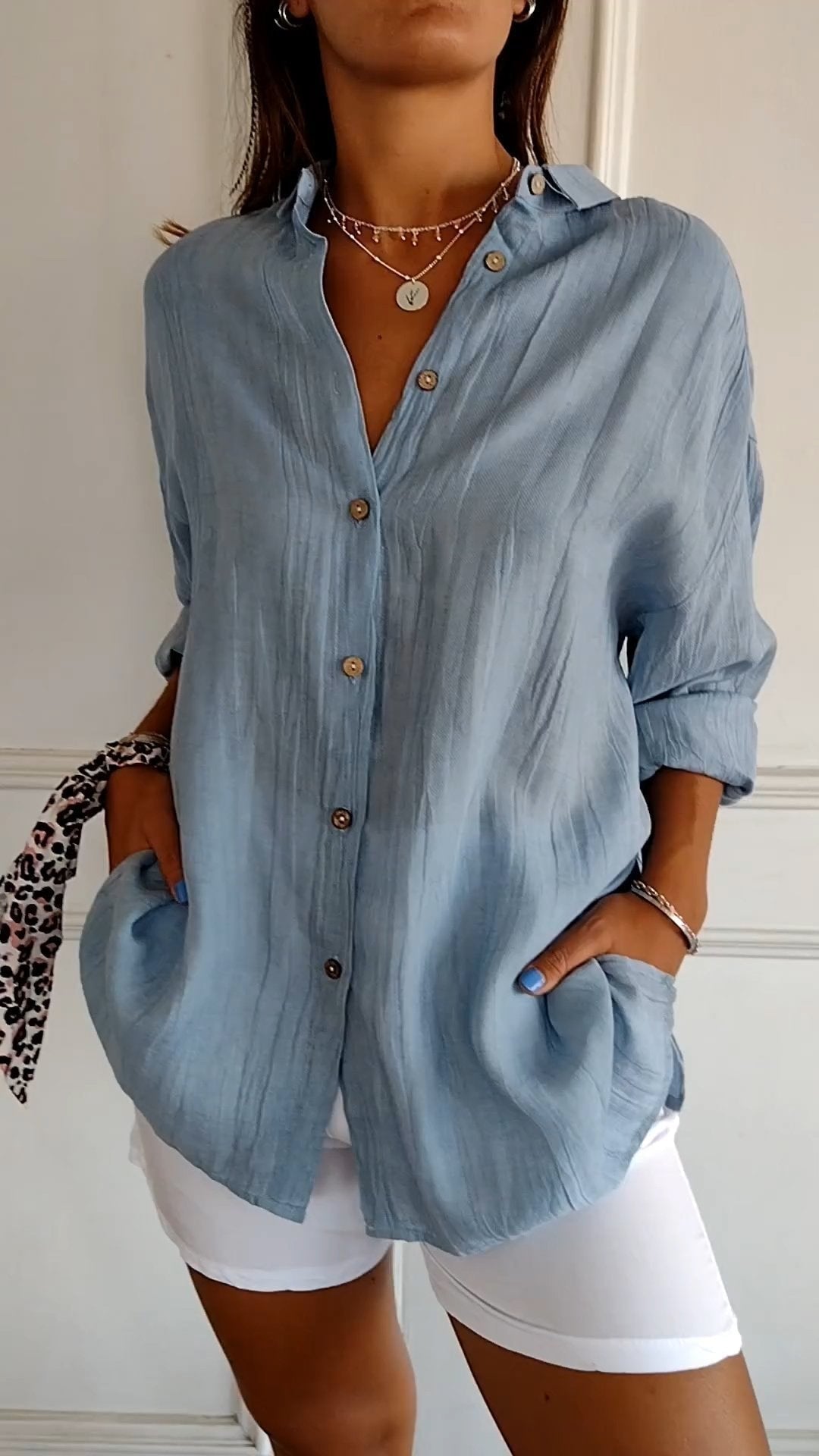Sasha Pleated Cotton Blend Long-Sleeve Blouse for Women with Button-Up Front