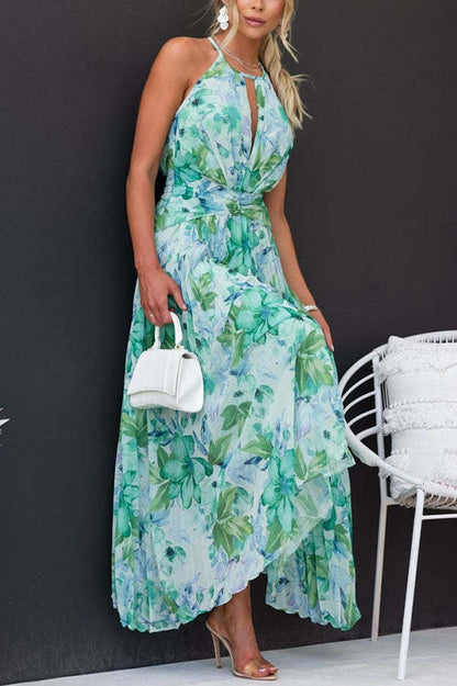 Lucy Floral Halter Maxi Summer Dress with Twist-Front Detail
