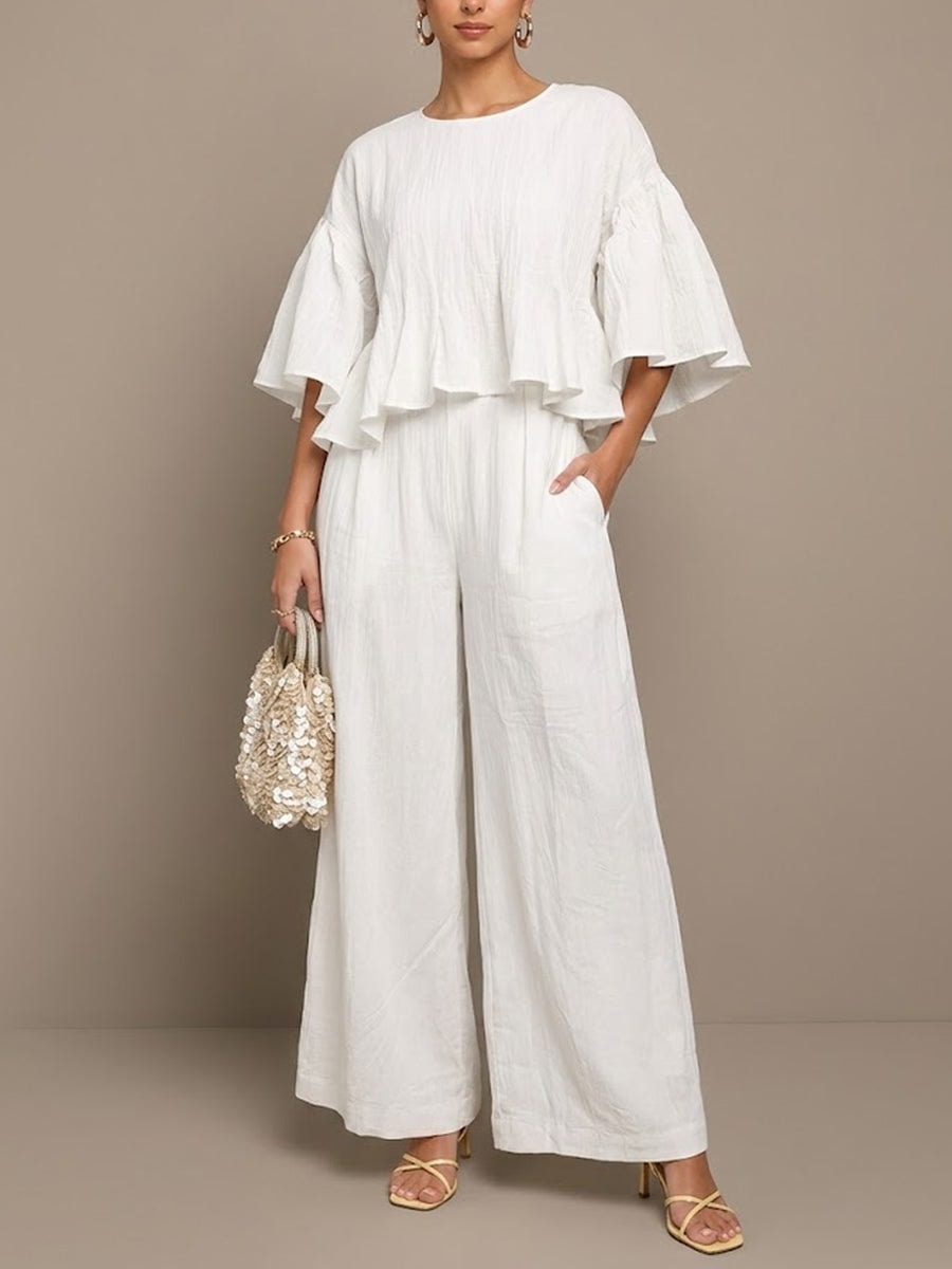 Matching Linen Two-Piece Set with Ruffle-Sleeve Top and Wide-Leg Pants