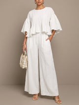 Matching Linen Two-Piece Set with Ruffle-Sleeve Top and Wide-Leg Pants