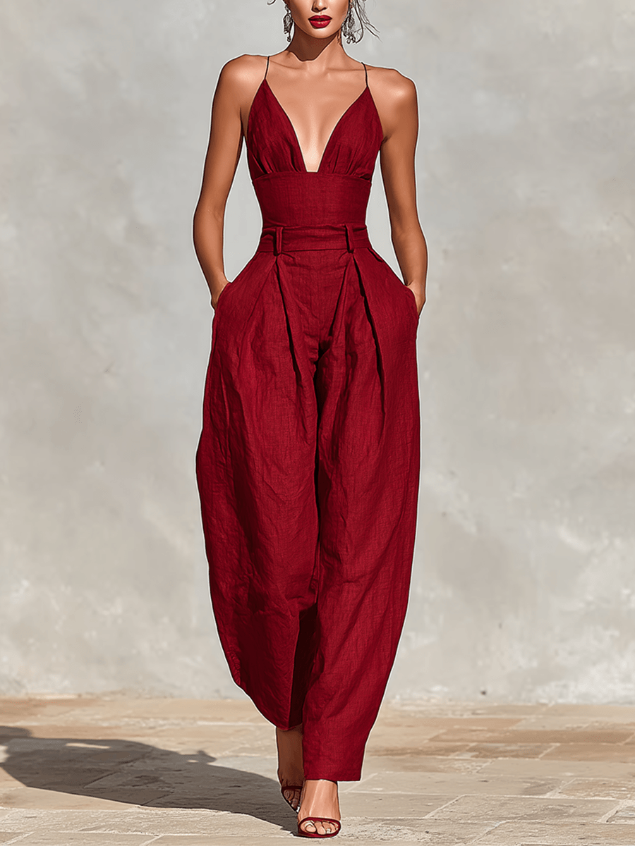 Women's Wide-Leg Linen-Blend Jumpsuit with Deep V Neckline
