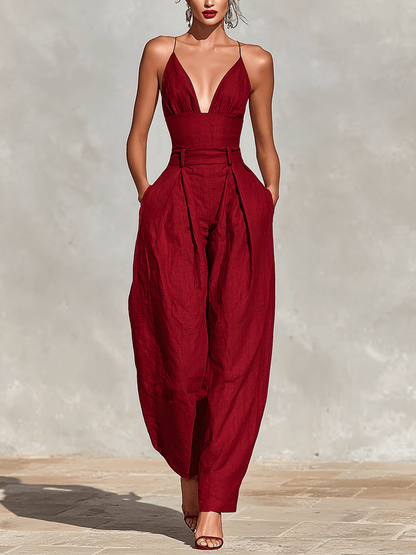 Women's Wide-Leg Linen-Blend Jumpsuit with Deep V Neckline