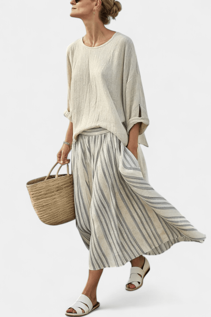 Matching Two-Piece Set with Loose Linen Blouse and Striped Midi Skirt