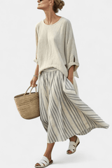 Matching Two-Piece Set with Loose Linen Blouse and Striped Midi Skirt