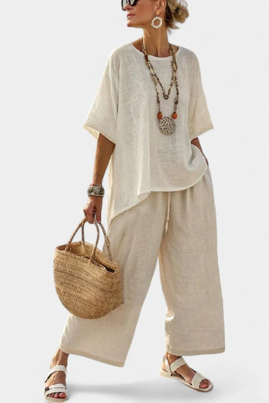 Marley Linen Two-Piece Matching Set with Asymmetrical Top and Wide-Leg Pants