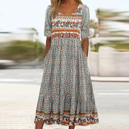 Charlotte Floral Puff-Sleeve Cotton Summer Dress with Pockets