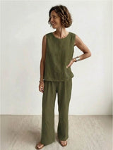 Sage Matching Linen Sleeveless Top and Wide-Leg Pants Two-Piece Set