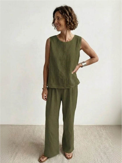 Sage Matching Linen Sleeveless Top and Wide-Leg Pants Two-Piece Set