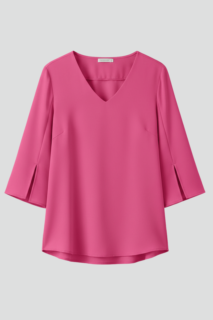 V-Neck Blouse with Three-Quarter Split Sleeves and Curved Hem