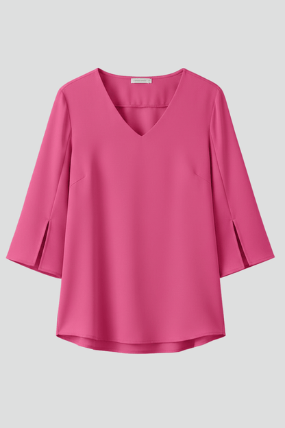 V-Neck Blouse with Three-Quarter Split Sleeves and Curved Hem