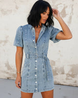 Belted Denim Mini Shirt Dress with Puff Sleeves for Women
