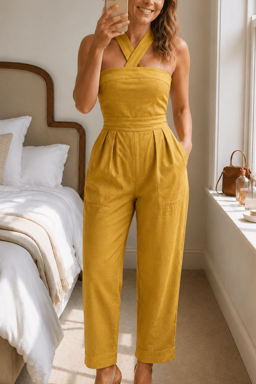 Women's Halter-Neck Wide-Leg Jumpsuit with Defined Waist