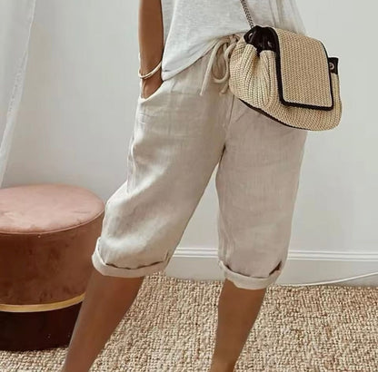 Heidi Linen Drawstring Tailored Shorts for Women with Elastic Waist