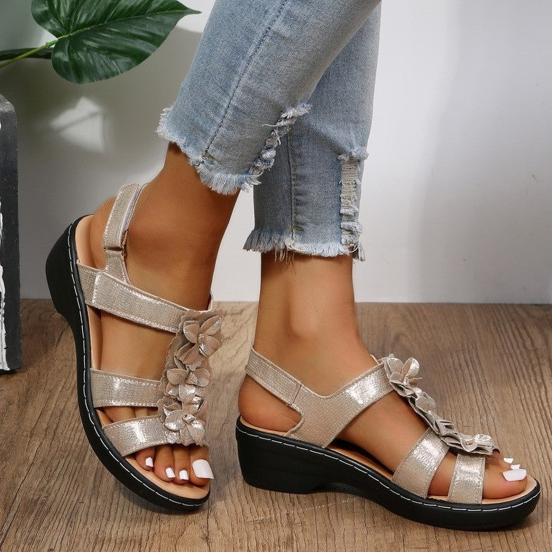 Sandie Comfortable Orthopedic Wedge Sandals with Floral Detail and Adjustable Straps