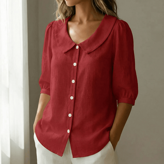 Peter Pan Collar Button-Up Top with Puff Sleeves for Women