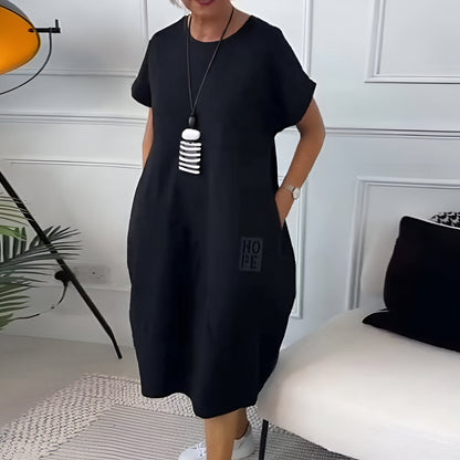 Bessie Relaxed Drop-Shoulder Short-Sleeve Dress with Pockets in Midi Length
