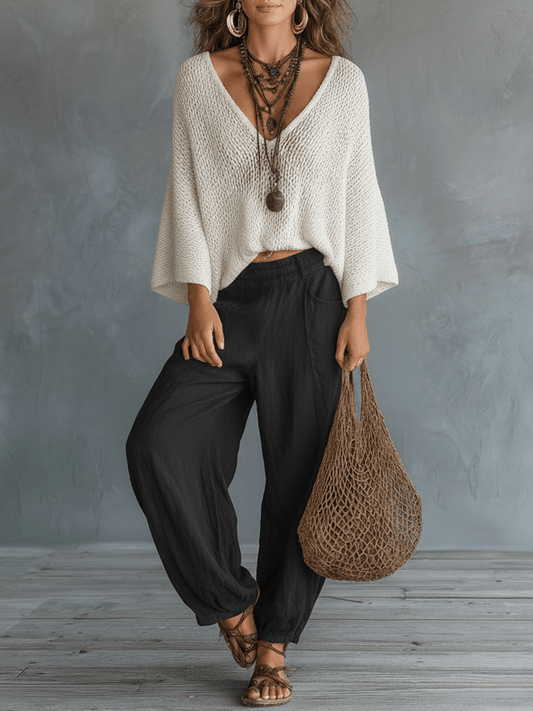 Vyndora Linen Two-Piece Matching Set with Knit V-Neck Top and Wide-Leg Pants