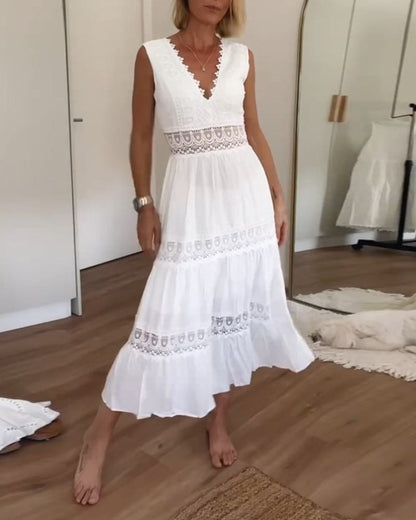 Anna Lace-Trim V-Neck Tiered Cotton Summer Dress with Open Back