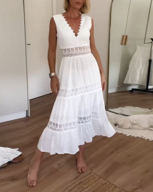 Anna Lace-Trim V-Neck Tiered Cotton Summer Dress with Open Back