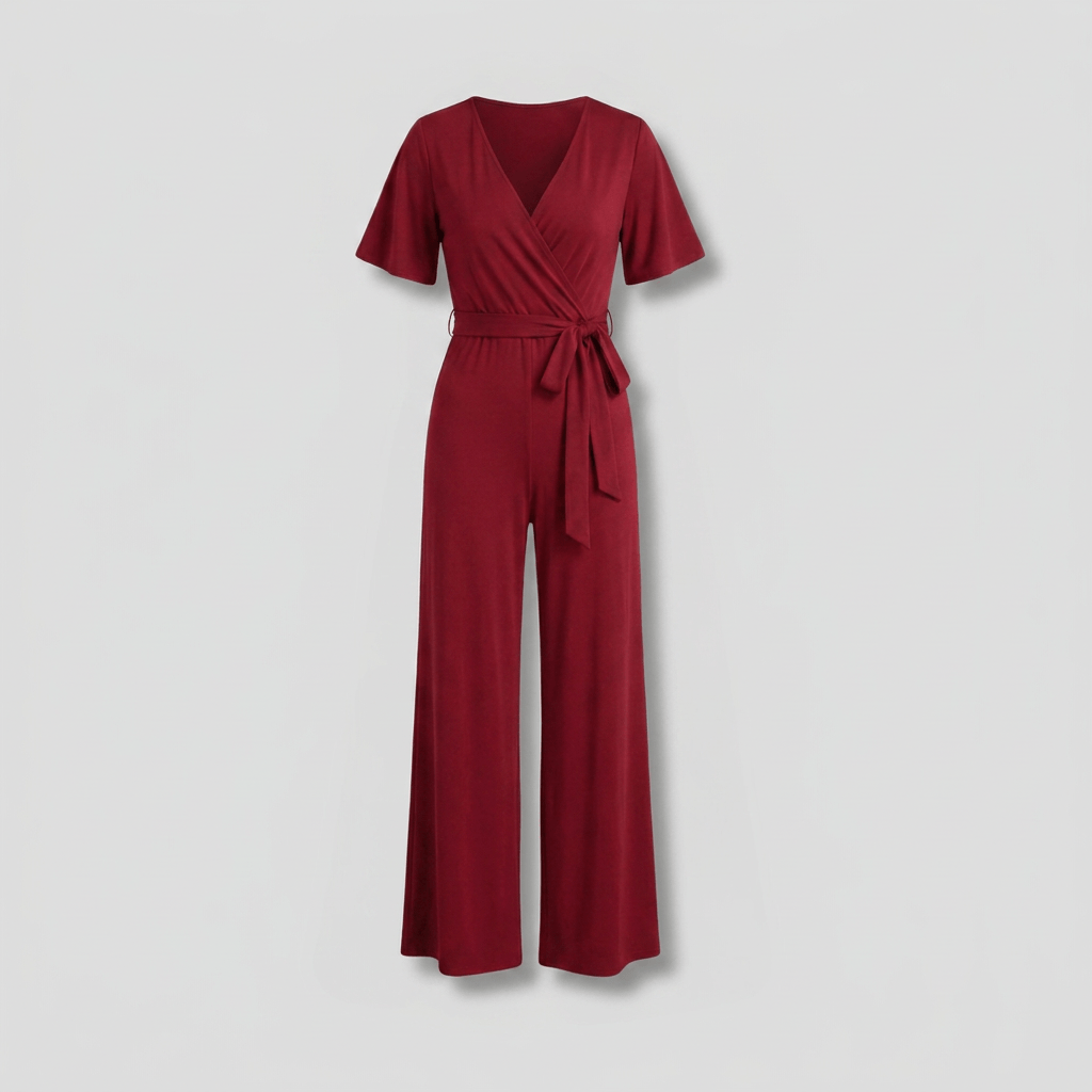 Liora Wrap Front V-Neck Wide-Leg Jumpsuit with Short Sleeves and Waist Tie
