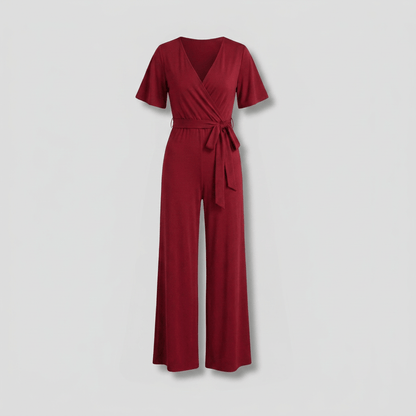 Liora Wrap Front V-Neck Wide-Leg Jumpsuit with Short Sleeves and Waist Tie