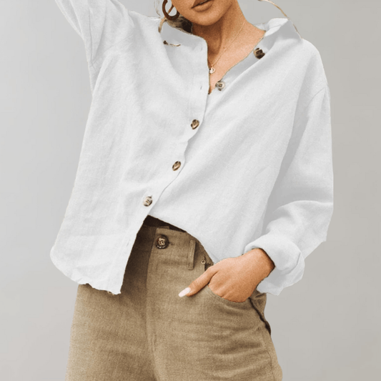 Women's Oversized Linen Blend Button-Up Blouse with Long Sleeves