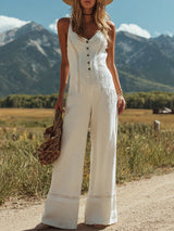 Women's Wide-Leg Button-Front Linen Jumpsuit with Lace Trim