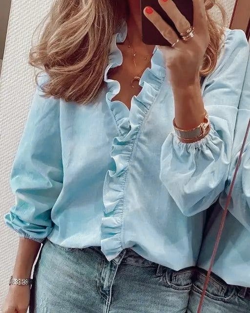Women's Long Sleeve Blouse with Ruffle V-Neck and Gathered Cuffs