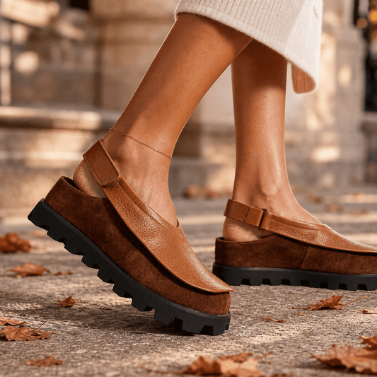 Solvana Cushioned Leather Flat Shoes with Slingback Strap and Chunky Sole