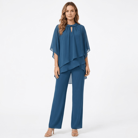 Women's Matching Two-Piece Set with Keyhole Cape Overlay Top and Straight-Leg Pants