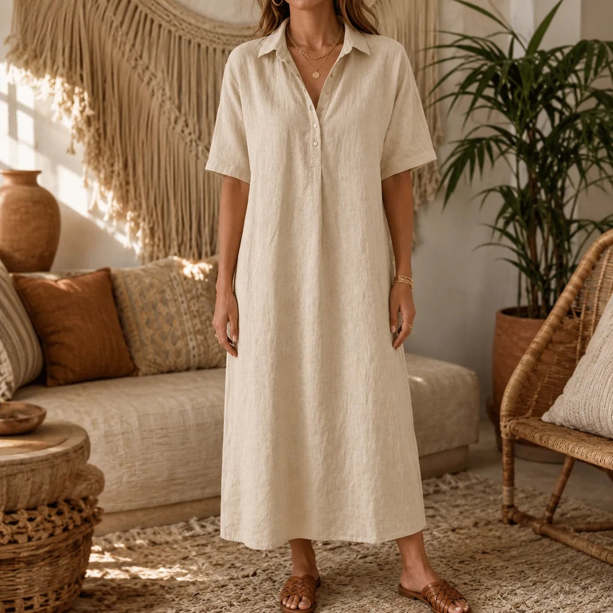 Lunavia Oversized Linen-Look Midi Summer Shirt Dress with Short Sleeves