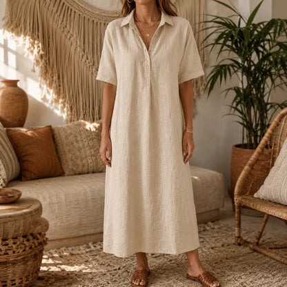Lunavia Oversized Linen-Look Midi Summer Shirt Dress with Short Sleeves