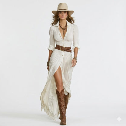 Clara Beaumont Bohemian Button-Down Maxi Dress with Western-Inspired Flow