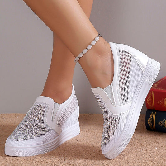 Women's Hidden Wedge Slip-On Sneakers with Breathable Mesh and Crystal Detail