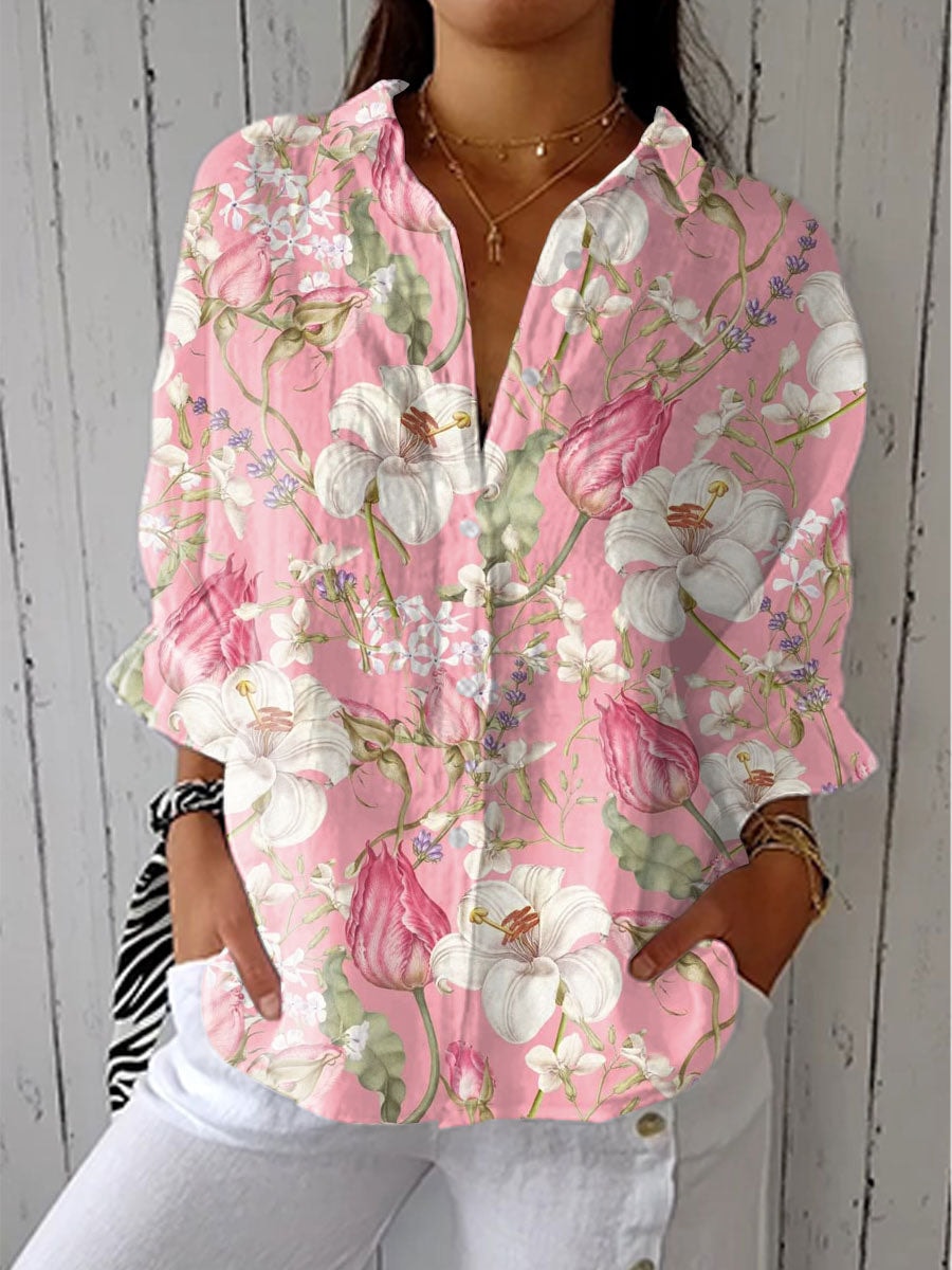 Floral Print Women's Long-Sleeve Button-Down Blouse with V-Neck
