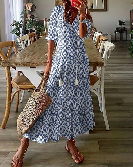 Joanne Tassel-Tie Ikat Print Cotton Blend Women's Midi Dress with Tummy Coverage