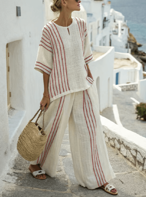 Matching Two-Piece Set in Striped Linen with Split-Neck Top and Wide-Leg Pants